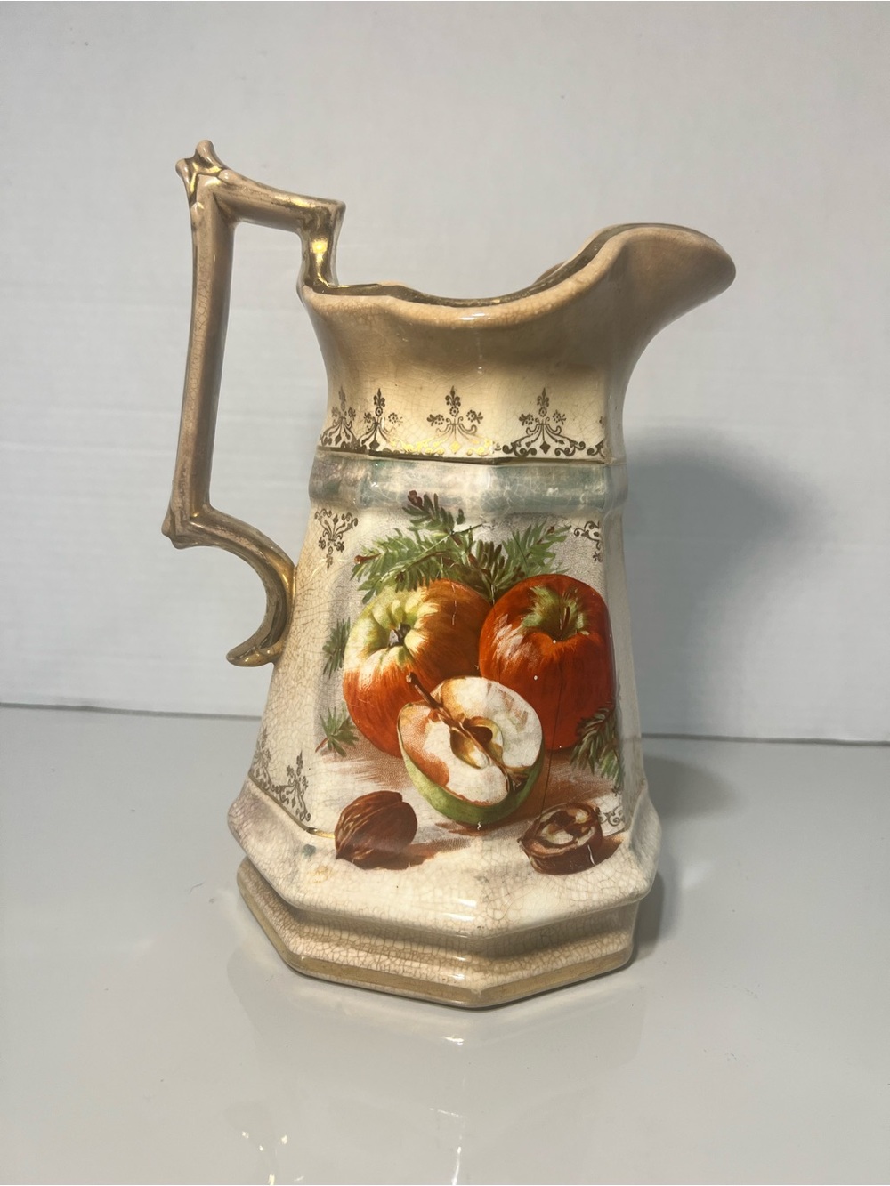 Antique English Ironstone Apple Fruit Pitcher Octagonal 9” Crazing